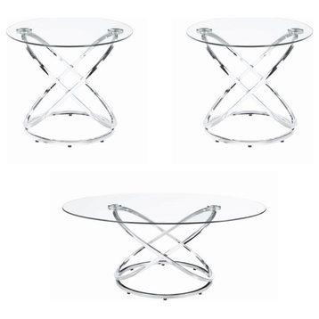 3 Piece Metal Frame Coffee Table Set With Glass Top, Set Of 3, Silver