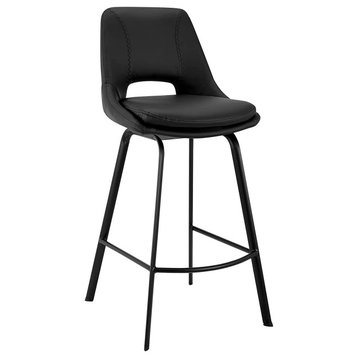 Modern Bar Stool, Faux Leather Seat and Open Back, Black/Black, Counter