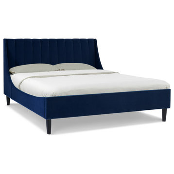 Aspen Vertical Tufted Headboard Platform Bed, Navy Blue Velvet, Queen