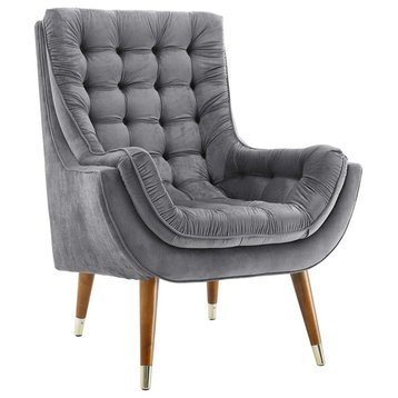 Suggest Button Tufted Upholstered Velvet Lounge Chair, Gray