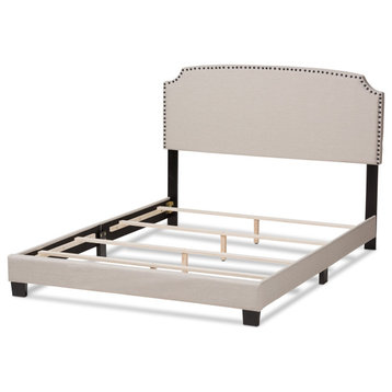 Contemporary Queen Platform Bed, Padded Light Beige Headboard With Nailhead Trim