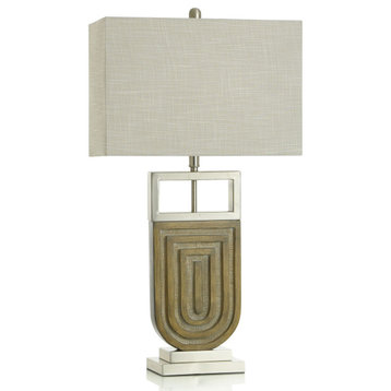 Oak Silver Table Lamp Brown Brushed and Champagne Gold Body Oatmeal Shade