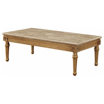 HomeRoots 32" X 57" X 20" Marble Antique Gold Wood Coffee Table
