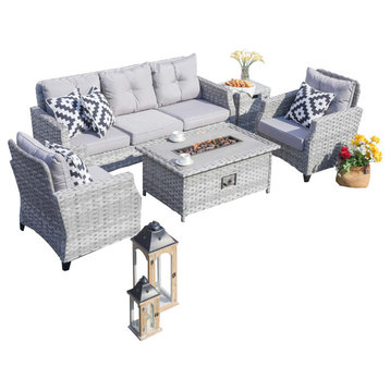 Gray Wicker Patio Conversation Set with Gas Fire Pit Table, 5-Piece Set , Low Table