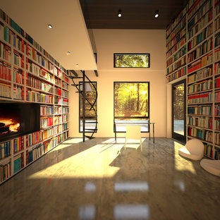 Inspiration for a large modern home studio in Other with white walls, concrete flooring and a ribbon fireplace.