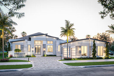 Design ideas for a large contemporary one-storey exterior in Miami.