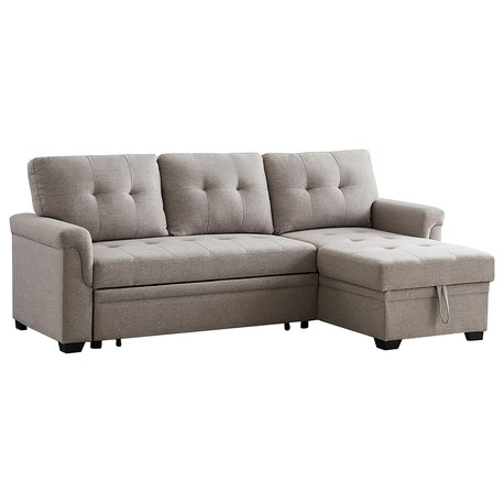 Gray Sectional Sleeper Sofa With Tufted Seat and Reversible Storage Chaise