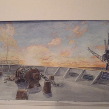Mural of nautical scene - cargo ship on ocean and oil rig