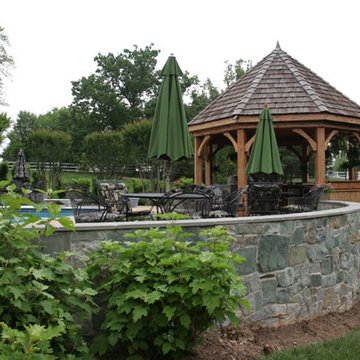 Octagonal Gazebo and Stone Wall on Pool Deck