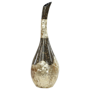Large Gold Capiz Shell and Vervain Inlay Resin Bud Vase With Swan Neck, 24"