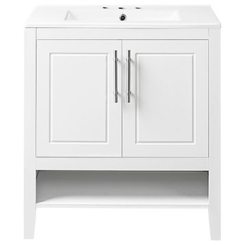 30" Freestanding Bath Vanity Set, White, Ceramic Sink and Doors, White