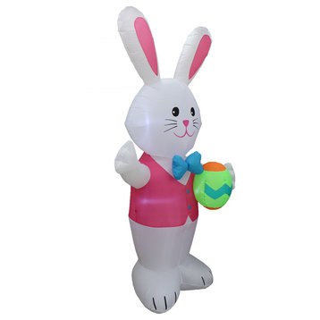 Easter Inflatable Blue Bow Tie Bunny With Pattern Easter Egg Decoration, 8 Foot