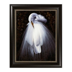 Egret Fan Framed Canvas Wall Art - Drawings And Illustrations