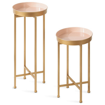 Celia Round Metal Foldable Tray Table Set, Pink/Gold 2 Piece