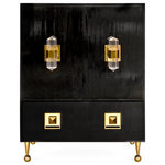 Jonathan Adler - Crawford Cabinet - Hollywood glam and Studio 54 hedonism collide in our Crawford Cabinet. Glossy black lacquer featuring a subtle ripple texture is perched on our signature ball and cone polished brass legs. The pièce de résistance—faceted acrylic pulls that feel like giant gems. The perfect bar for a bachelor's lair or a starlet's penthouse.