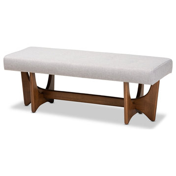 Mid-Century Modern Greyish Beige Fabric Upholstered Walnut Finished Bench