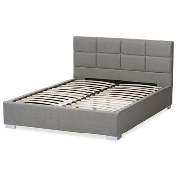 Queen Platform Bed, Contemporary Design With Grid Tufted Fabric Headboard, Gray