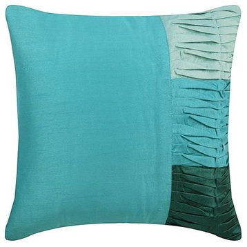 Blue Throw Pillow Cover, Textured Pintucks 18"x18" Silk, Aquatic Waves