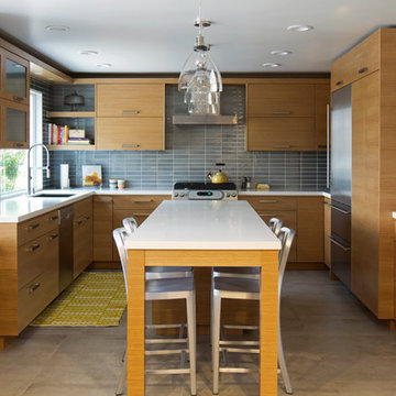 Contemporary Kitchen with blue backsplash