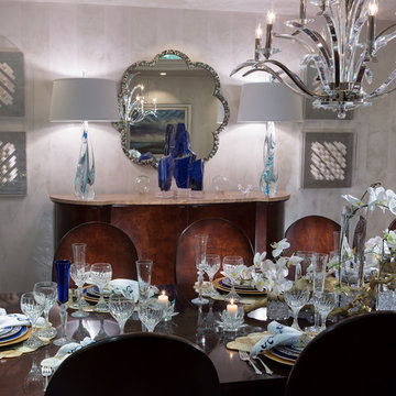 Dining room w/ silver-leaf ceiling and cream metallic plaster walls