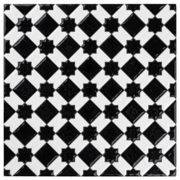 Sevillano Giralda Checkerboard Glossy Black and White Ceramic Wall Tile