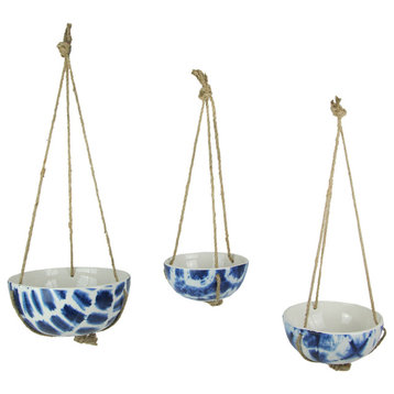 Set of 3 Blue and White Shibori Style Dyed Ceramic Hanging Mini Planters