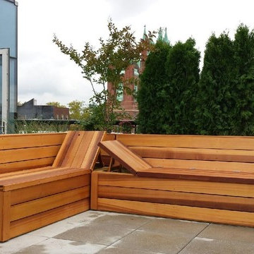 clear cedar bench seating with available storage and back rest