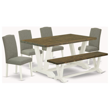 6-Piece Set Table Top and Bench and 4 Chairs, Linen White