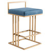 Blue Counter Stool, Contemporary Modern, Glam Art Deco Gold Counter Stool