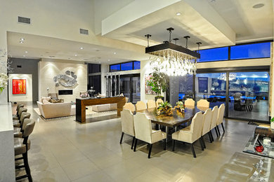 Example of a large minimalist ceramic tile great room design in Orange County with white walls