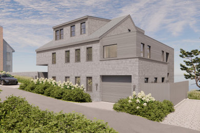 Transitional gray three-story wood and shingle exterior home idea in Boston with a shingle roof and a gray roof