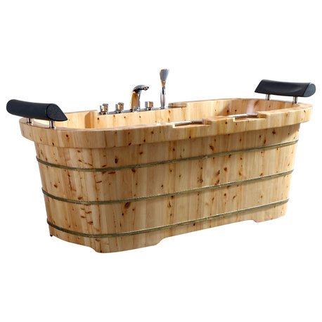 65" 2 Person Free Standing Cedar Bathtub, Fixtures & Headrests