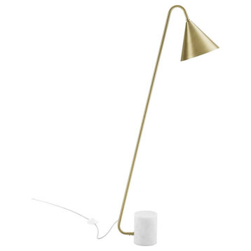 Modway Ayla Marble & Metal Floor Lamp with Cone Shade in Satin Brass