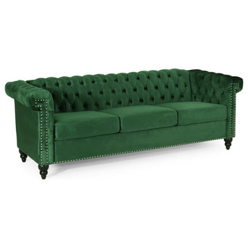 Chesterfield Sofa, Button Tufted Low Back & Rolled Arms, Emerald Velvet