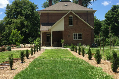 Small farmhouse two-story brick house exterior photo in Indianapolis with a hip roof and a shingle roof