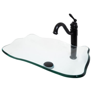 Clear Scalloped Tempered Glass Vessel Bathroom Sink with Faucet and Drain, Matte Black