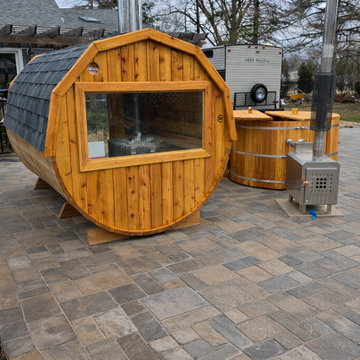 Cedar Barrel Sauna with panoramic window and porch