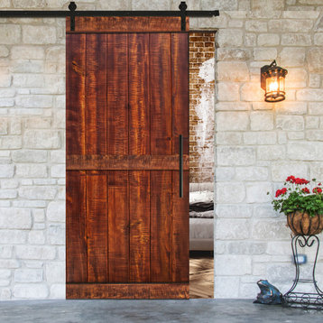 Rustic Ranch Barn Door with Saw Pattern with Mahogany Stain, 32” X 84”, Carbon S
