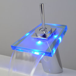 Contemporary Single Handle Waterfall LED Chrome Bathroom Sink Faucet - T0804-3F - Bathroom Sink Faucets