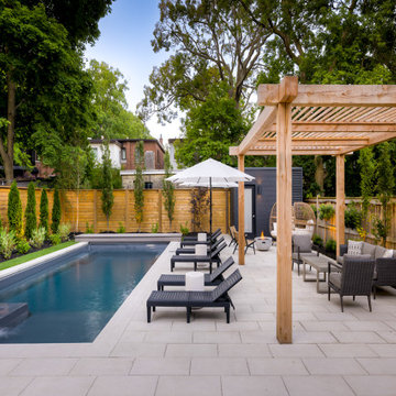 Elegant Backyard Landscaping Project With Flush Stone Interlocking and Pool