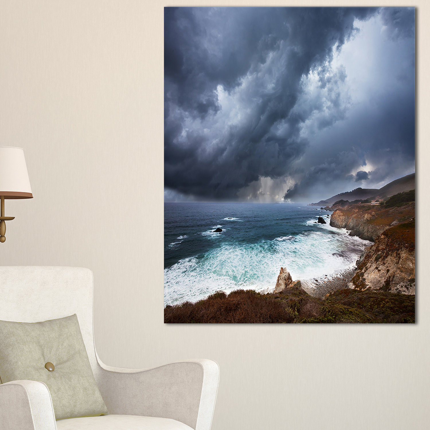 "Heavy Blue Clouds And Waves" Modern Beach Canvas Art Print, 16"x32 ...