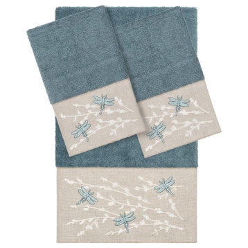 Linum Home Textiles Turkish Cotton Braelyn 3-Piece Embellished Towel Set, Teal
