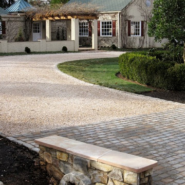ELEGANT Driveway w granite curb, paver apron & stone culvert wall