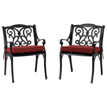Set of 2 Patio Dining Chair, Olefin Cushioned Seat & Scrolled Backrest, Wine Red