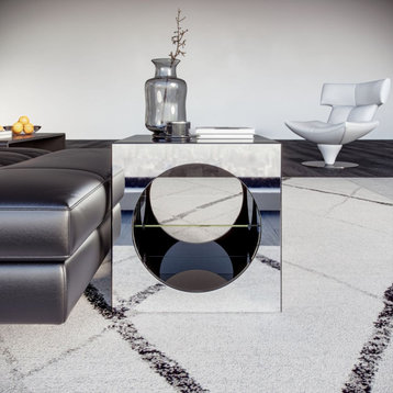 Modern Kube Side Table Mirrored Glass Finish Circular Cutout Design