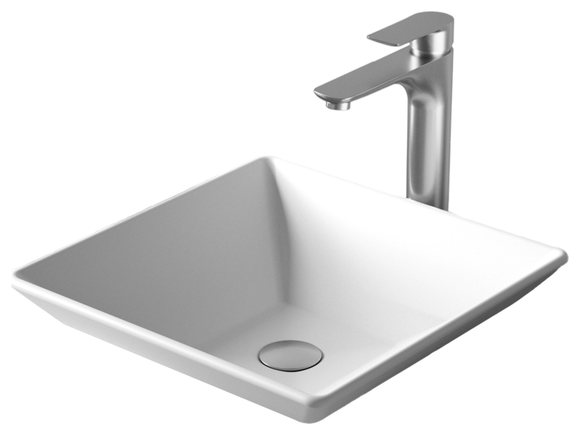 Karran White Acrylic 16" Square Vessel Sink With Faucet Kit, Stainless Steel