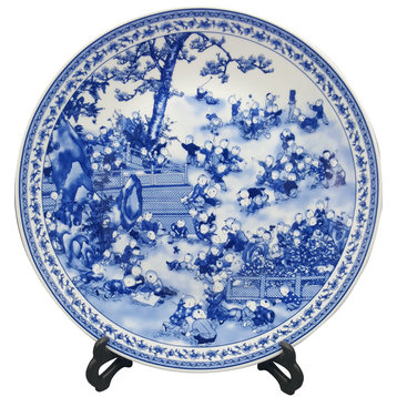 Blue And White Porcelain Plate With Children Playing