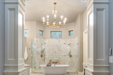 Bathroom - huge traditional master white tile and porcelain tile porcelain tile, white floor, double-sink and vaulted ceiling bathroom idea in Austin with furniture-like cabinets, white cabinets, a one-piece toilet, gray walls, an undermount sink, quartz countertops, a hinged shower door, white countertops and a freestanding vanity