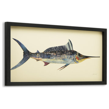 Blue Marlin Handmade Collage Framed Graphic Wall Art Under Glass 33x17