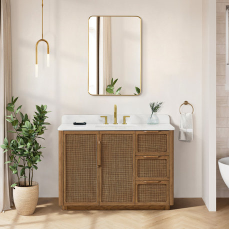Busan Bath Vanity, Quartz Top No Mirror, Oak Classic Brown, 48", Single Vanity